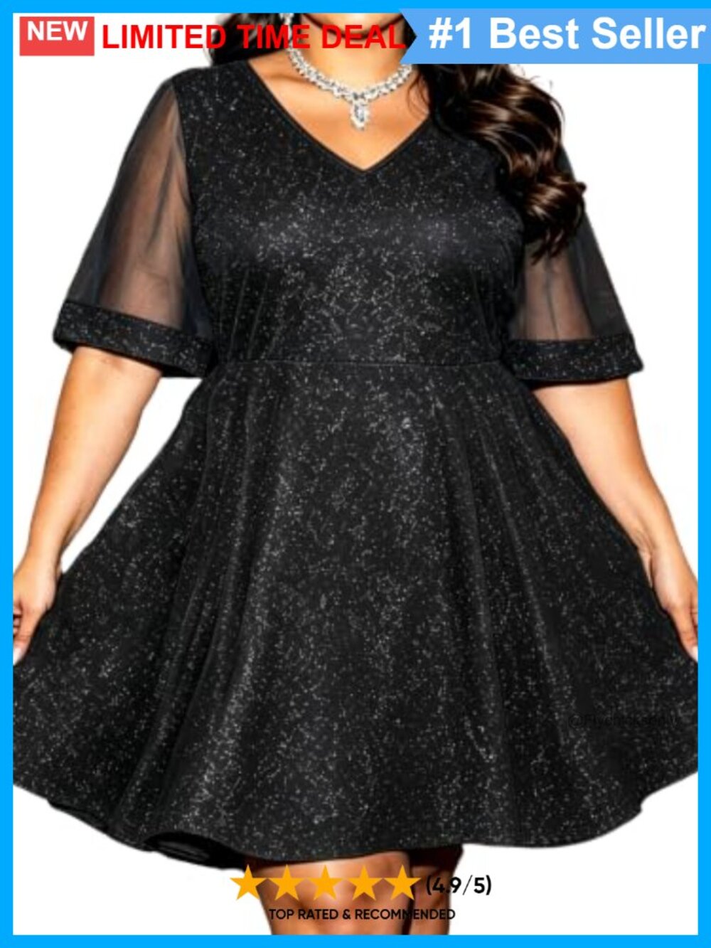 Plus Size Glitter Cocktail Dress V Neck A-Line Knee Length Formal